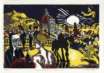 Phillip Garrett
'Relief Characters on a 
Tuscan Tour'
Linocut 315mm x 445mm